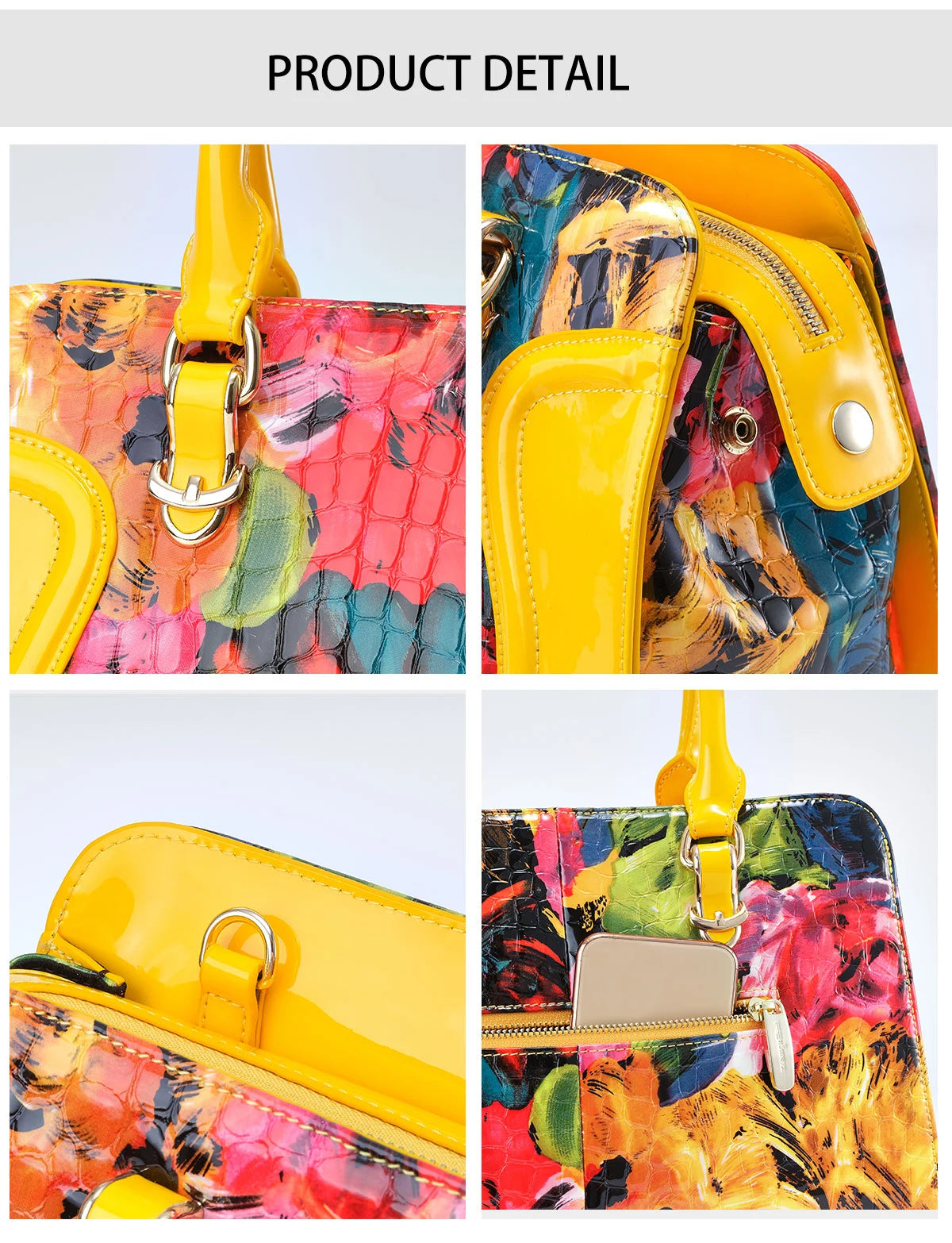 Yellow Designer Bag. Genuine Leather with Patent Leather and Motif.  Stylish and Sleek