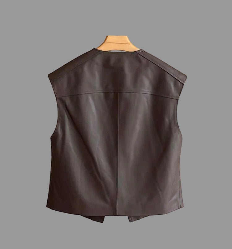 Premium Genuine Leather Waistcoat with V-Neck and Pockets
