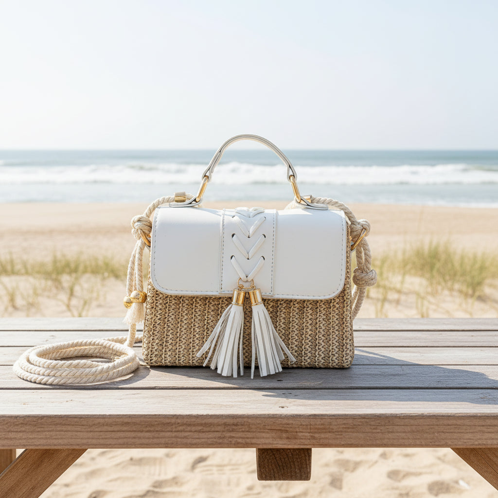 Chic Woven Straw Box Bag with Tassel Detail