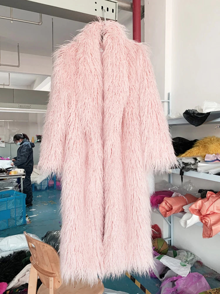 Long Faux Fur Dress Coat, Coat.  Wide Waisted in Vibrant Funky Colors