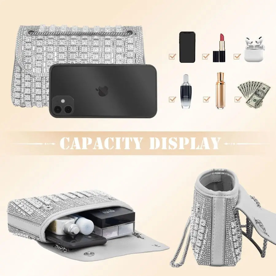 Artisan‑Crafted Leather Evening Clutch with Silver Rhinestones