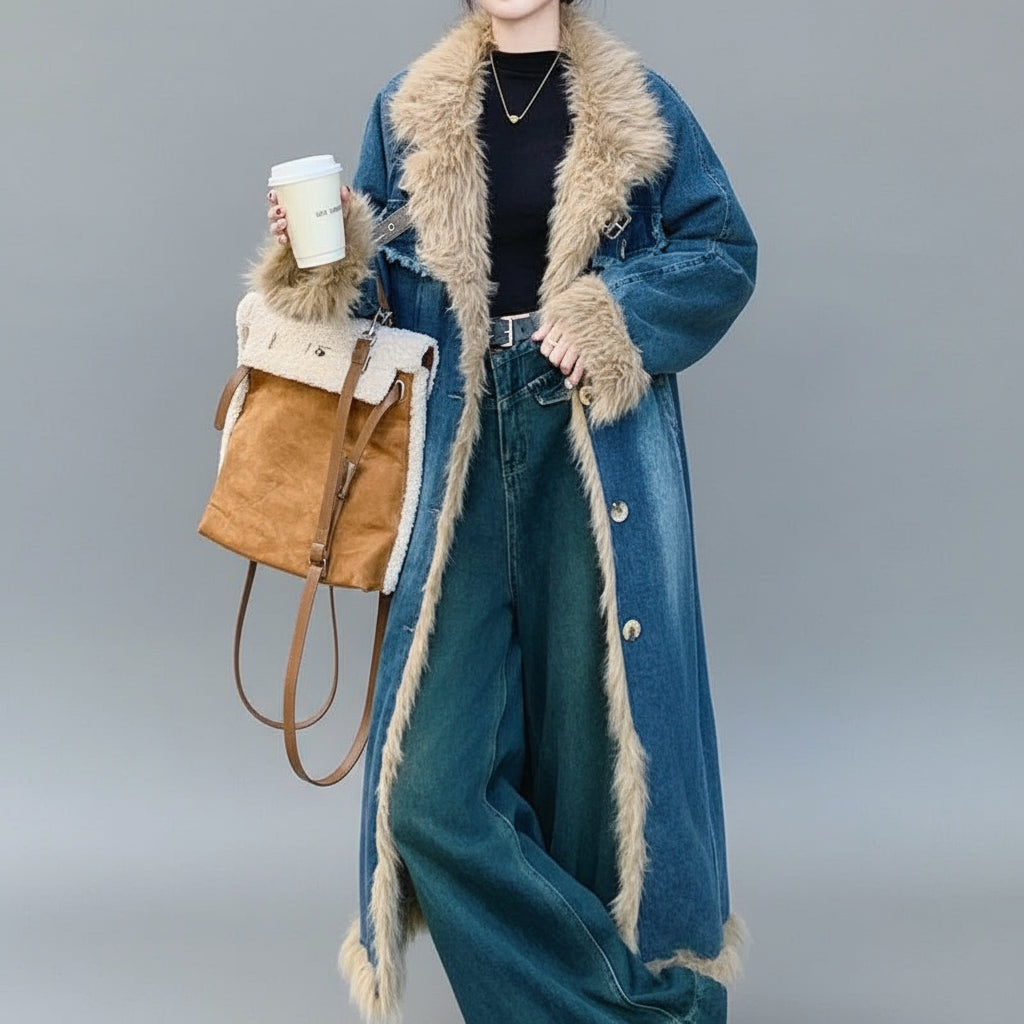 Long Denim Coat lined with luxurious lambs wool. Stay cozy and stylish all winter