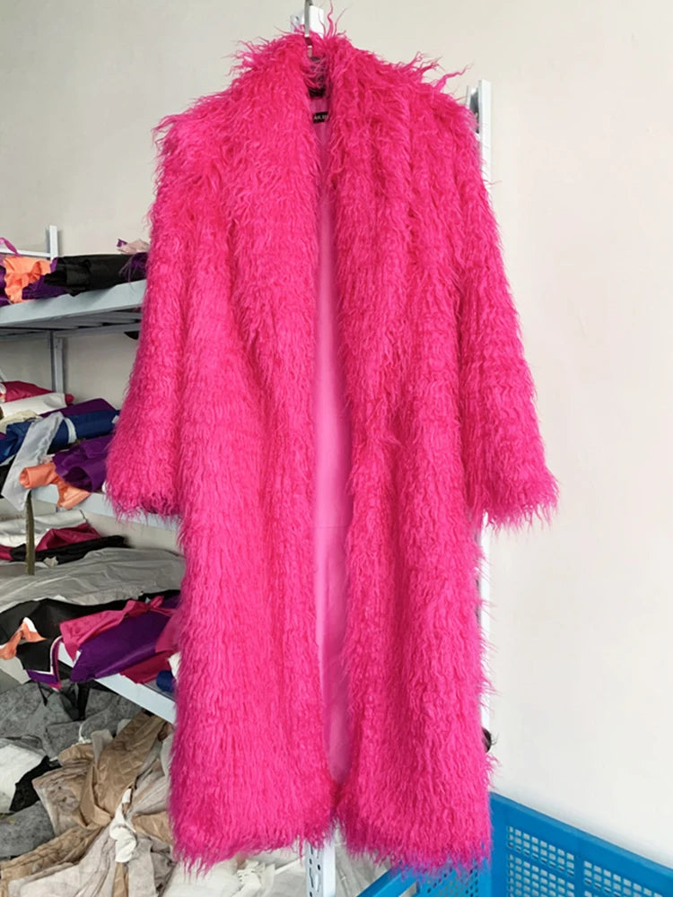 Long Faux Fur Dress Coat, Coat.  Wide Waisted in Vibrant Funky Colors