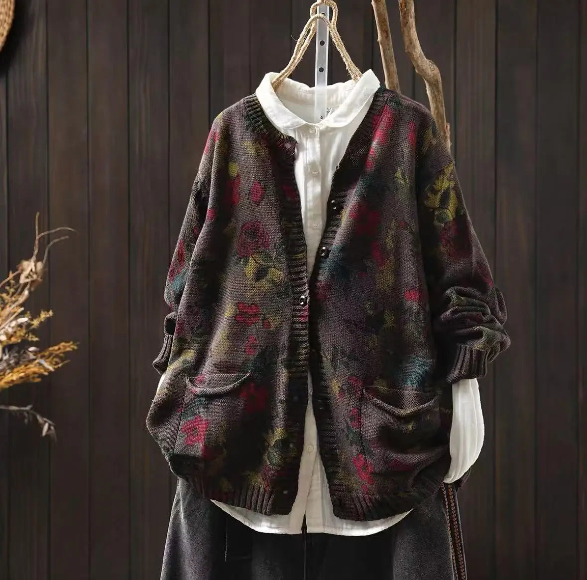 Knitted Floral Cardigan.  100% Cotton. Relaxed Fit. Perfect for layering.