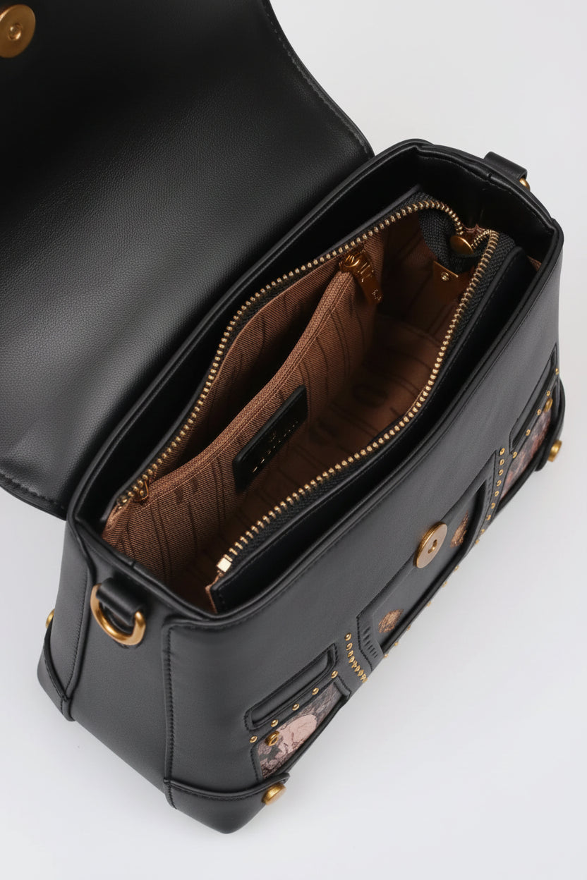 Retro Style Leather, Compact Bag with Cat Graphics
