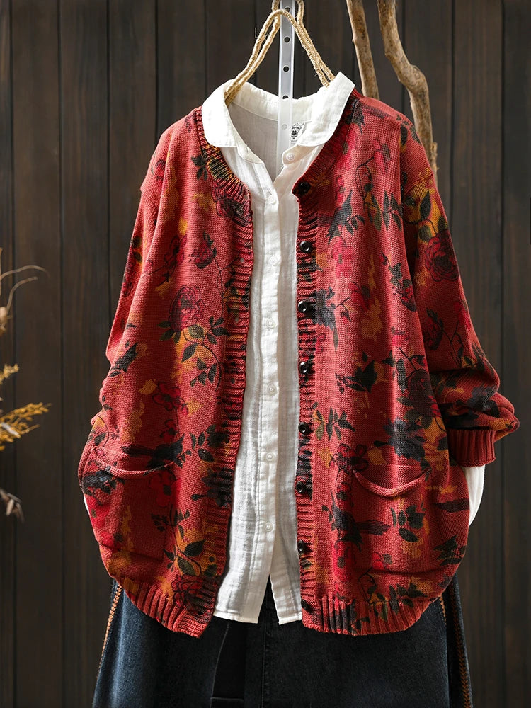 Knitted Floral Cardigan.  100% Cotton. Relaxed Fit. Perfect for layering.