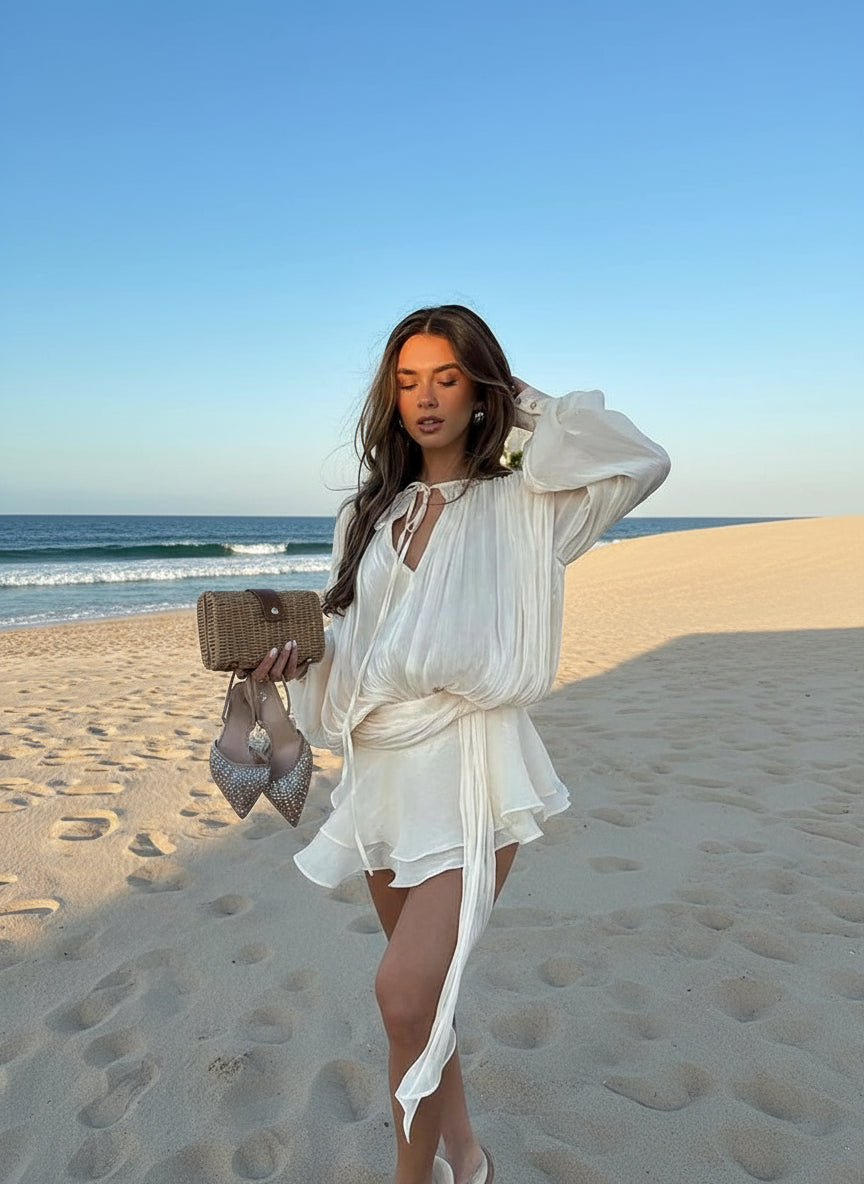 Vintage-Inspired Puff Sleeve Mini Dress with Ruff Skirt with Lace