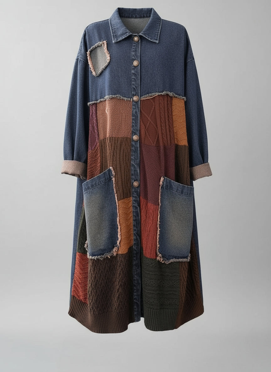 Vintage Lightweight Layer Coat.  Denim Patchwork with Classic Turn Down Collar