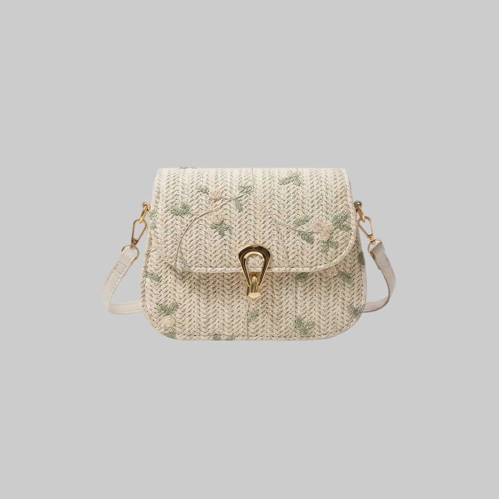 Straw Baguette Bag with Floral Embroidery