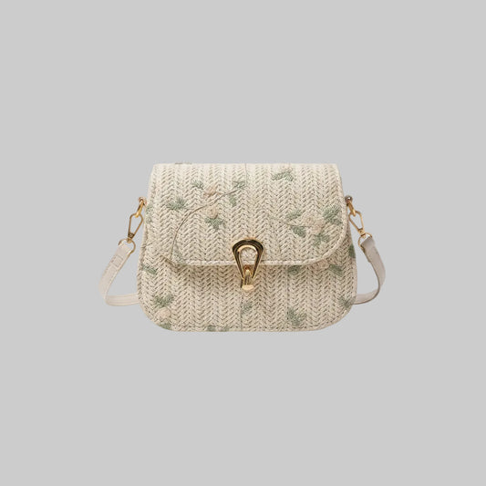 Straw Baguette Bag with Floral Embroidery