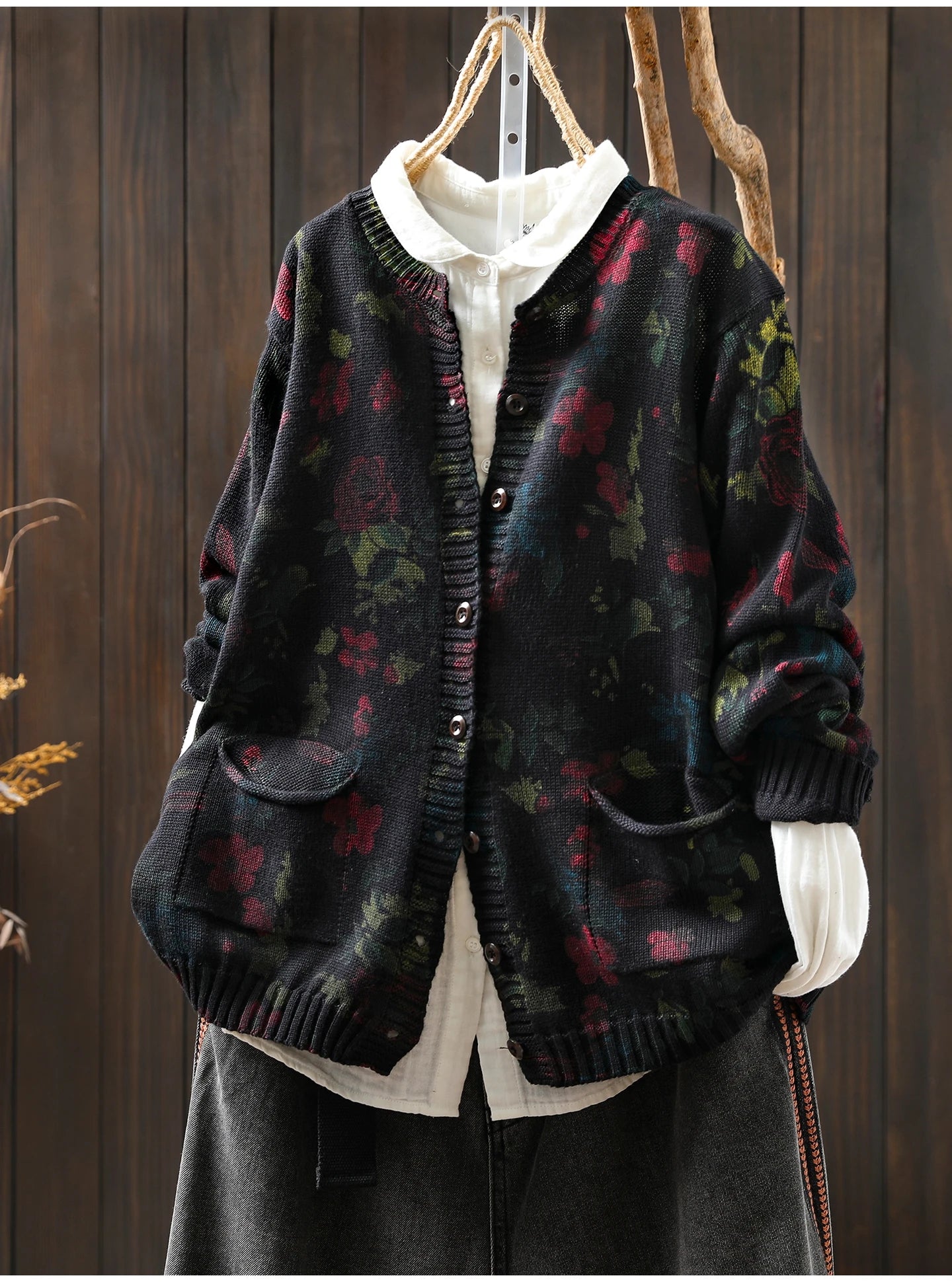 Knitted Floral Cardigan.  100% Cotton. Relaxed Fit. Perfect for layering.