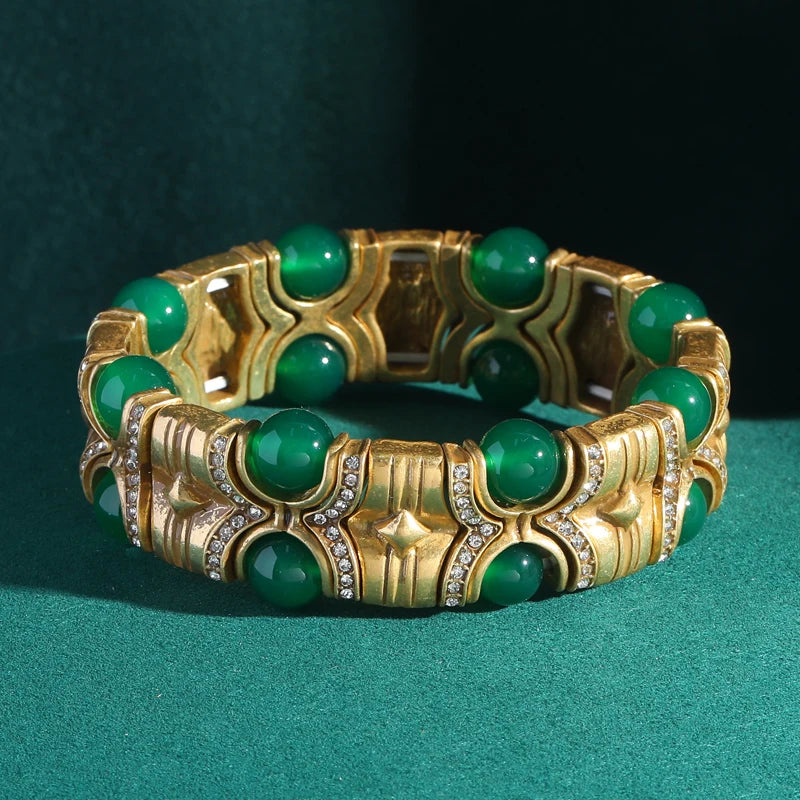 Vintage Natural Stone Bracelet with Rhinestone Inlay