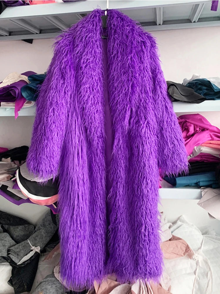 Long Faux Fur Dress Coat, Coat.  Wide Waisted in Vibrant Funky Colors