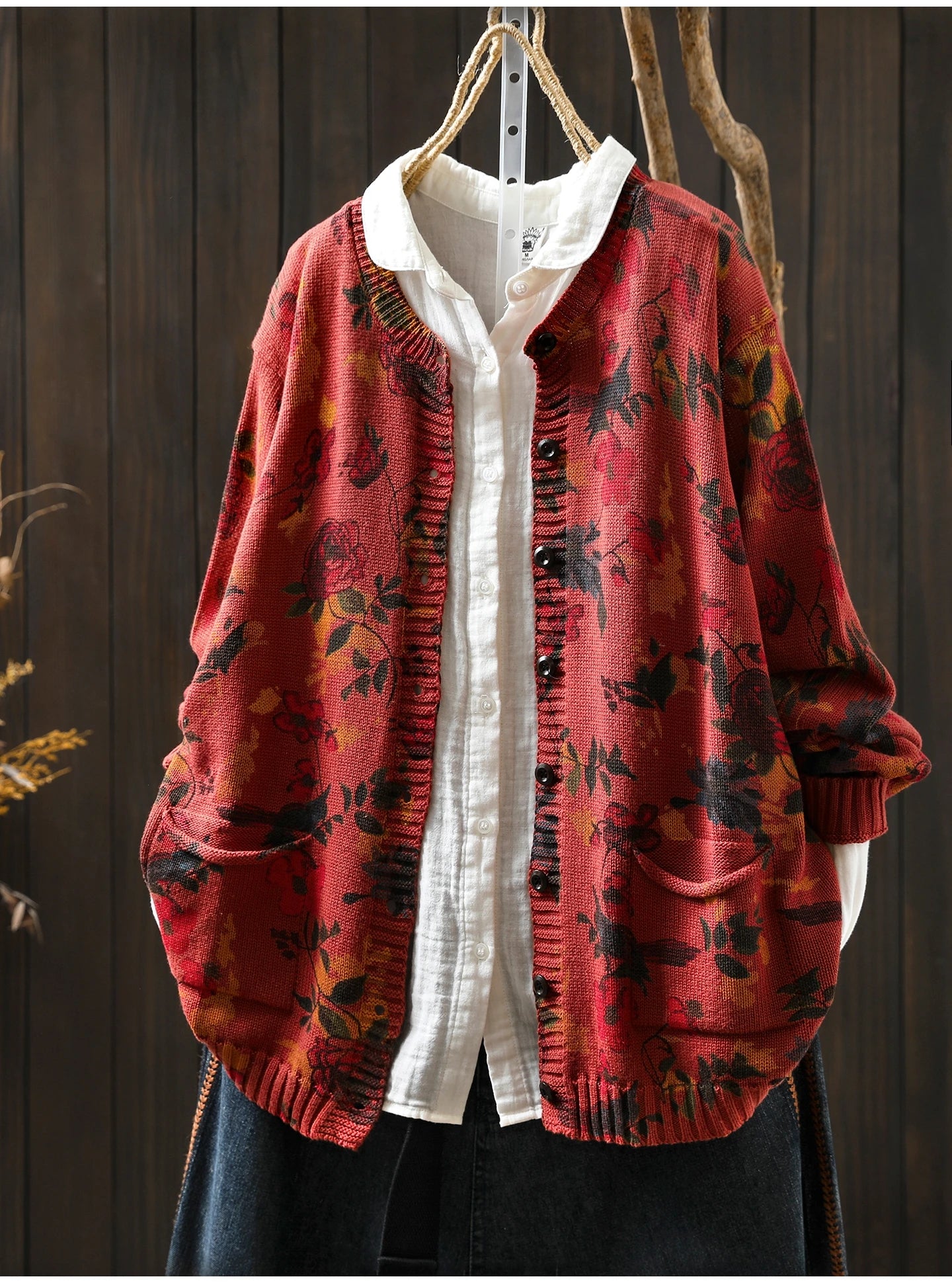 Knitted Floral Cardigan.  100% Cotton. Relaxed Fit. Perfect for layering.