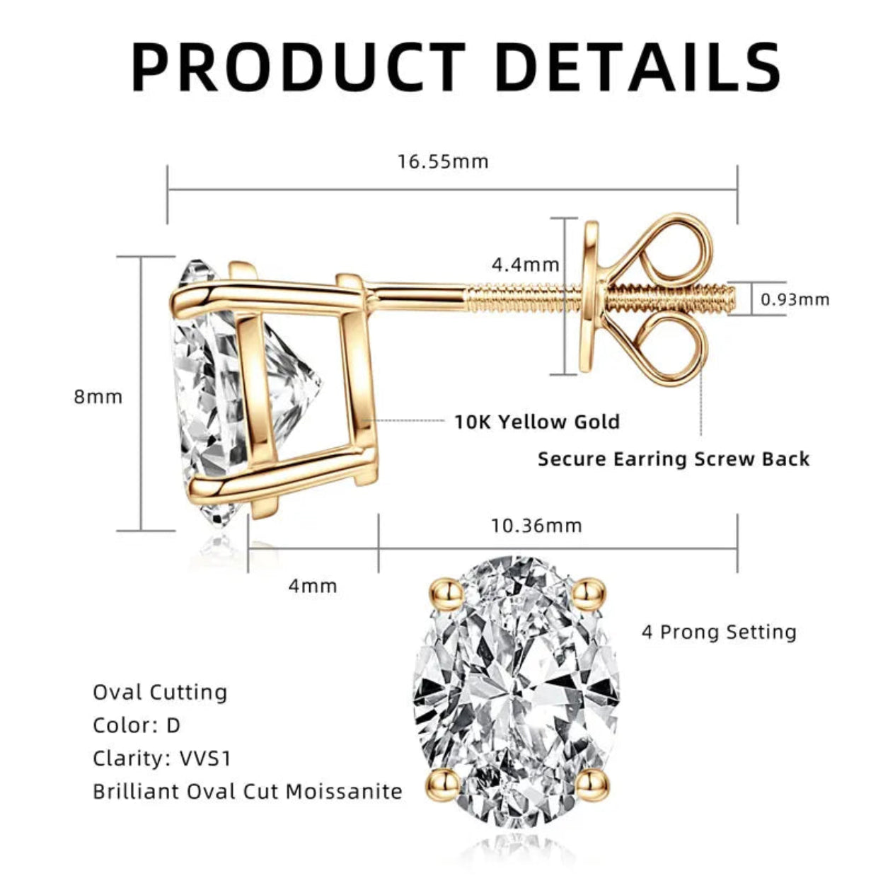 Moissanite Diamond Stud Earrings — 10K Solid Gold