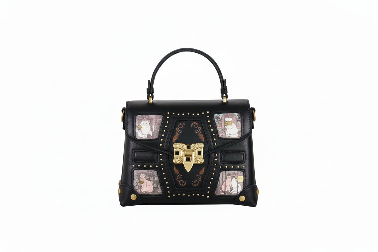 Retro Style Leather, Compact Bag with Cat Graphics