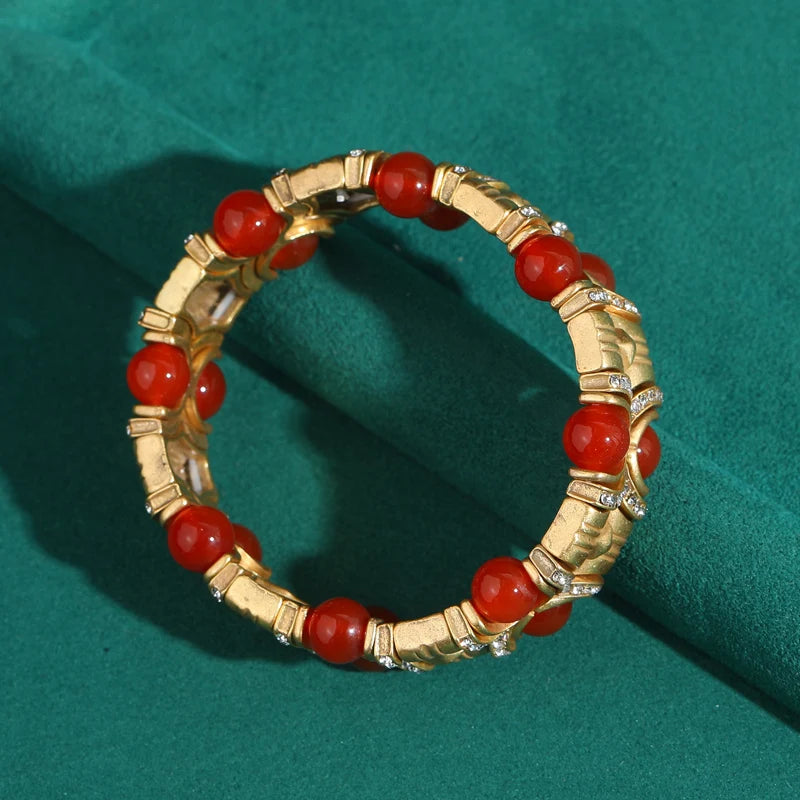 Vintage Natural Stone Bracelet with Rhinestone Inlay
