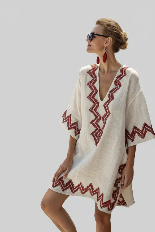 Casual Beach Dress — Aztec Accent, Loose Fit