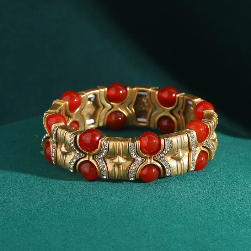 Vintage Natural Stone Bracelet with Rhinestone Inlay