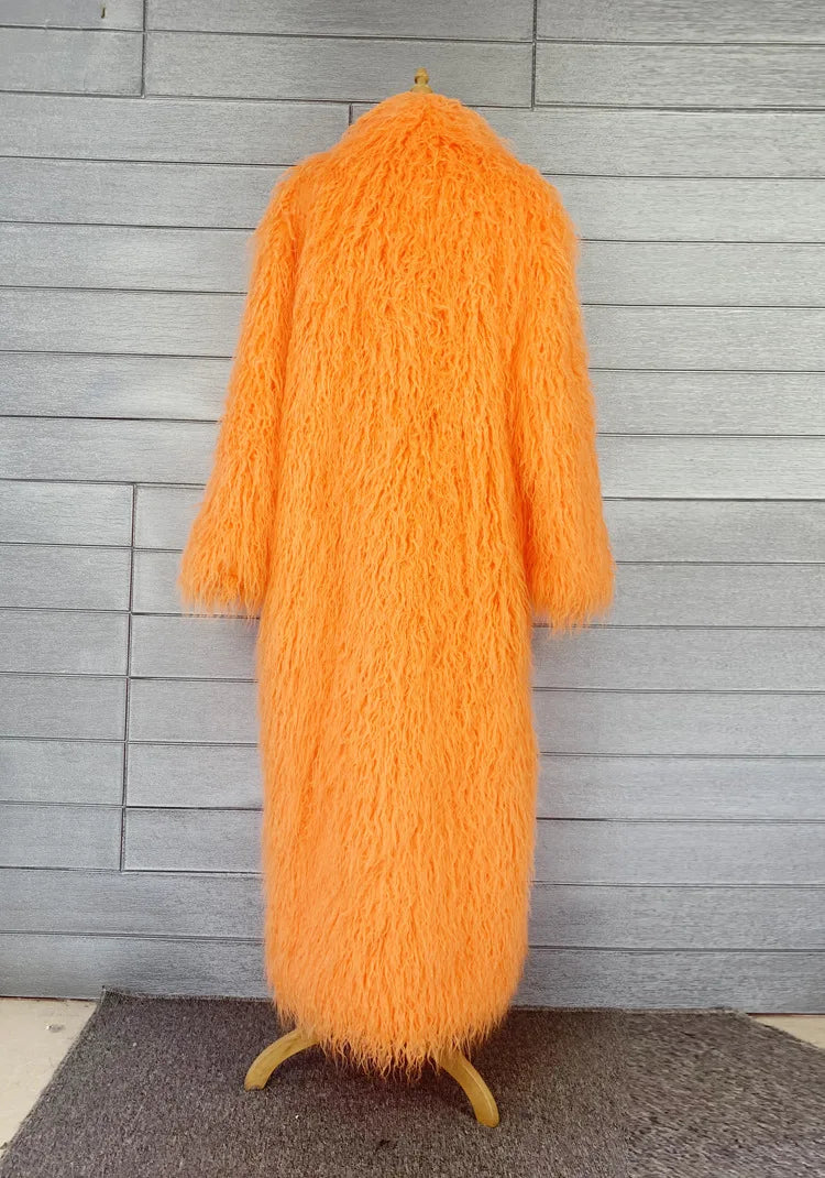 Long Faux Fur Dress Coat, Coat.  Wide Waisted in Vibrant Funky Colors