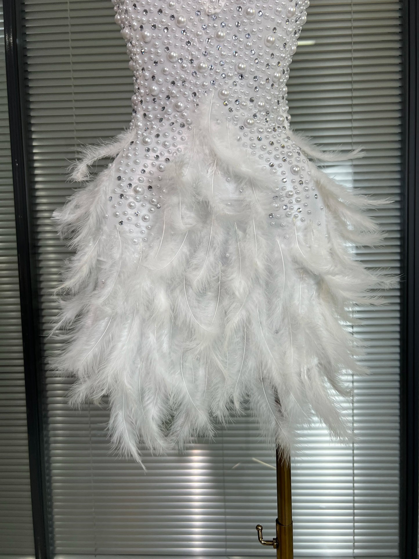 Backless Dance Dress Made with Feathers and Adorned with Crystal Diamonds