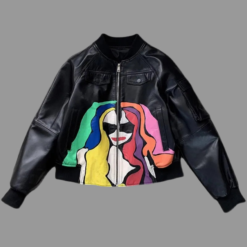 Short Black Leather Jacket with Vibrant Designer Graffiti. A True Statement Piece