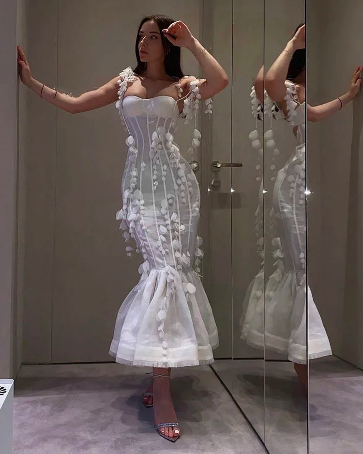 Elegant Ankle Length Spaghetti Strap Dress.  Mermaid Silhouette. Flattering and Charming