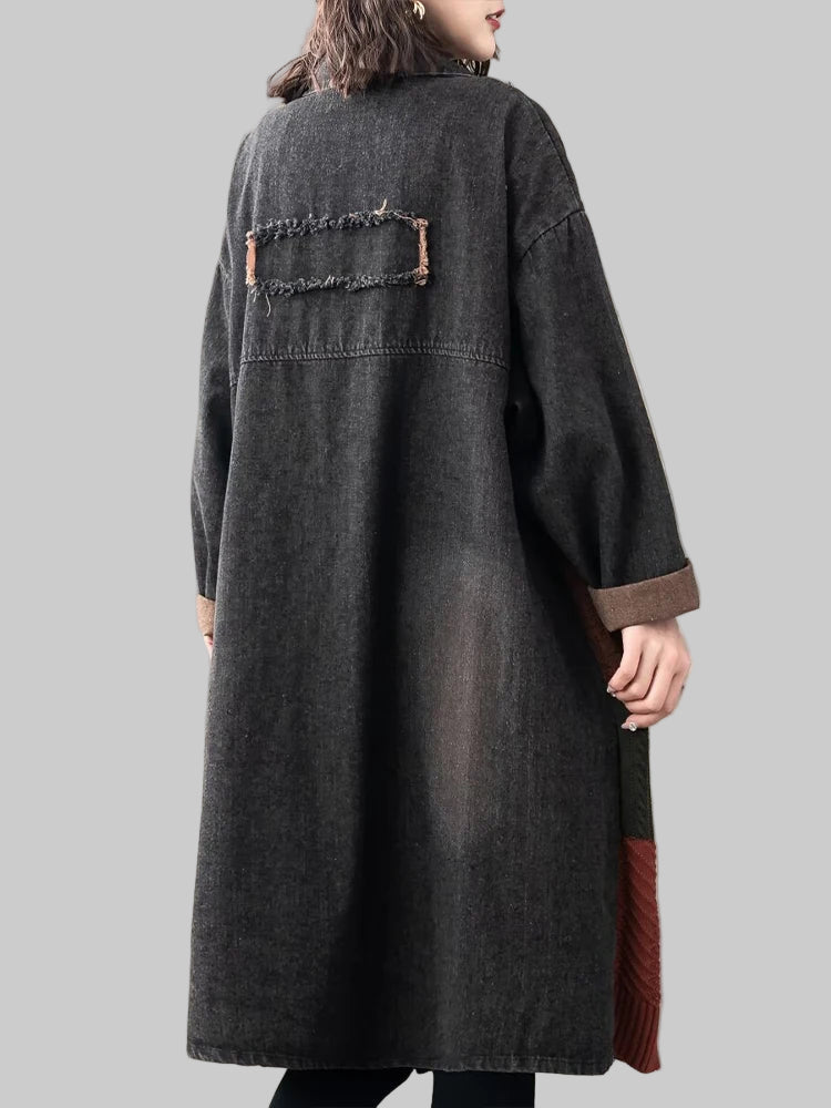 Vintage Lightweight Layer Coat.  Denim Patchwork with Classic Turn Down Collar