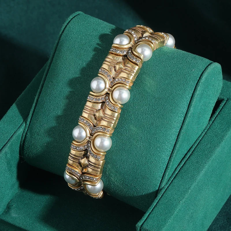 Vintage Natural Stone Bracelet with Rhinestone Inlay