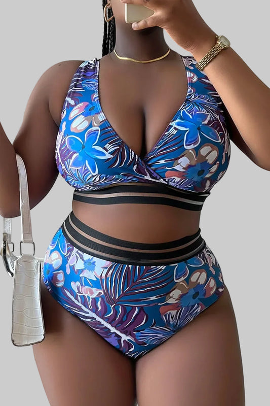 Plus Size Floral High‑Waist Bikini Set with Adjustable Thick Straps