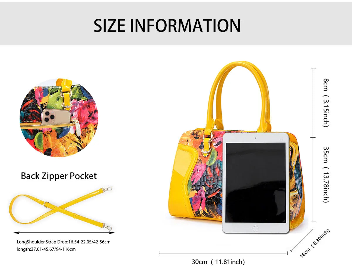 Yellow Designer Bag. Genuine Leather with Patent Leather and Motif.  Stylish and Sleek