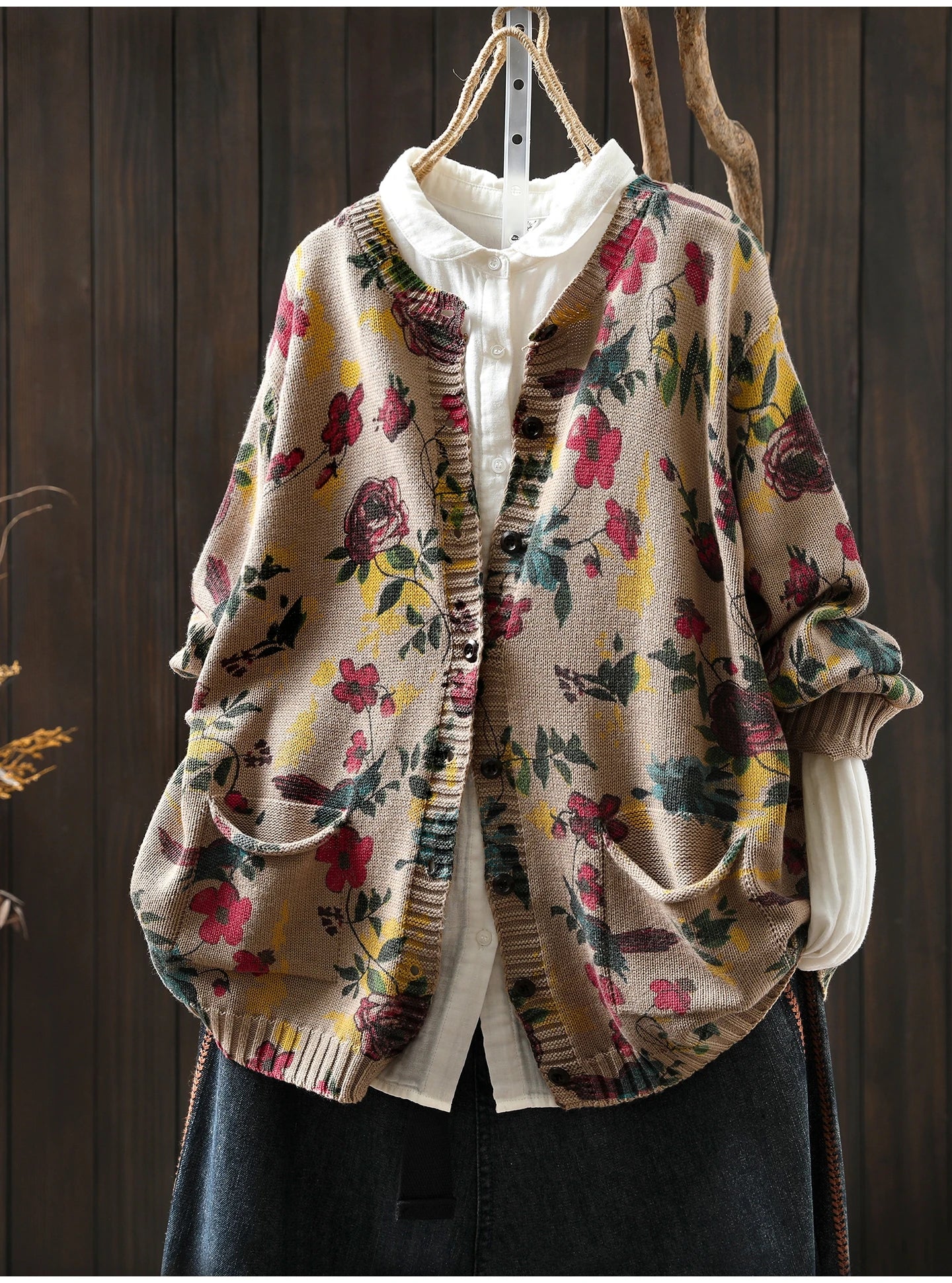 Knitted Floral Cardigan.  100% Cotton. Relaxed Fit. Perfect for layering.