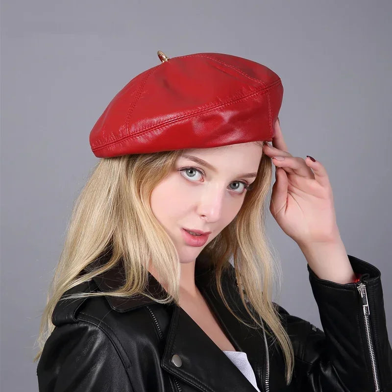 French Style Ladies Beret's Made with Genuine Leather.  A Beret that can be worn for all the seasons.  Practical and Chic