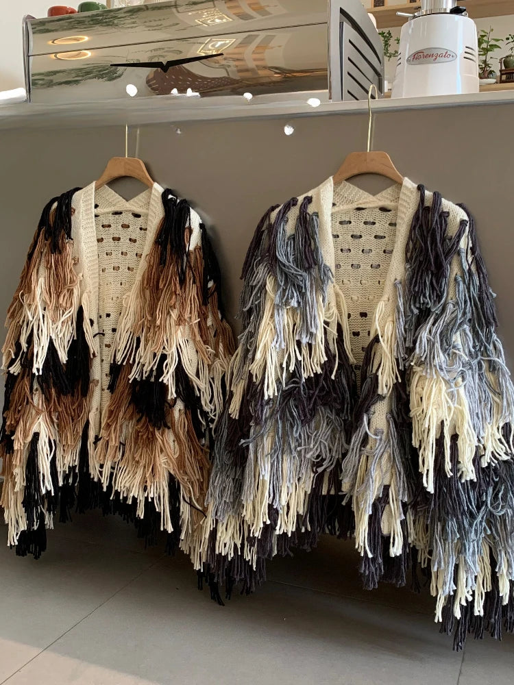 Vintage Shaggy Cardigan Jumper. Loose Fit with Fashionable Tassels.  Versatile for any Wardrobe