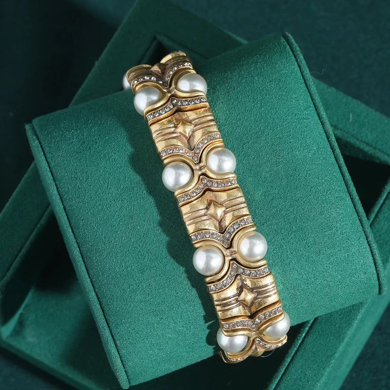 Vintage Natural Stone Bracelet with Rhinestone Inlay