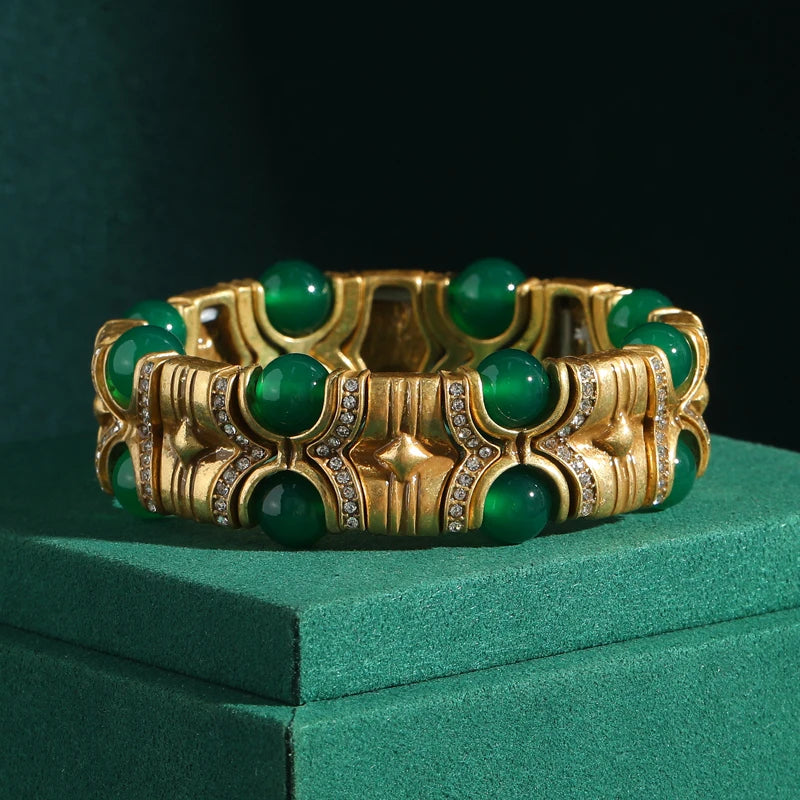 Vintage Natural Stone Bracelet with Rhinestone Inlay