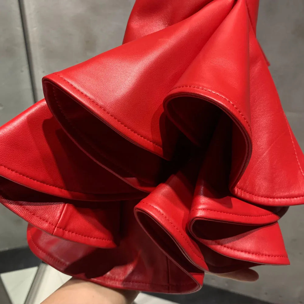 Rich Red Ruffle Leather Jacket with Unique Style and Sophistication