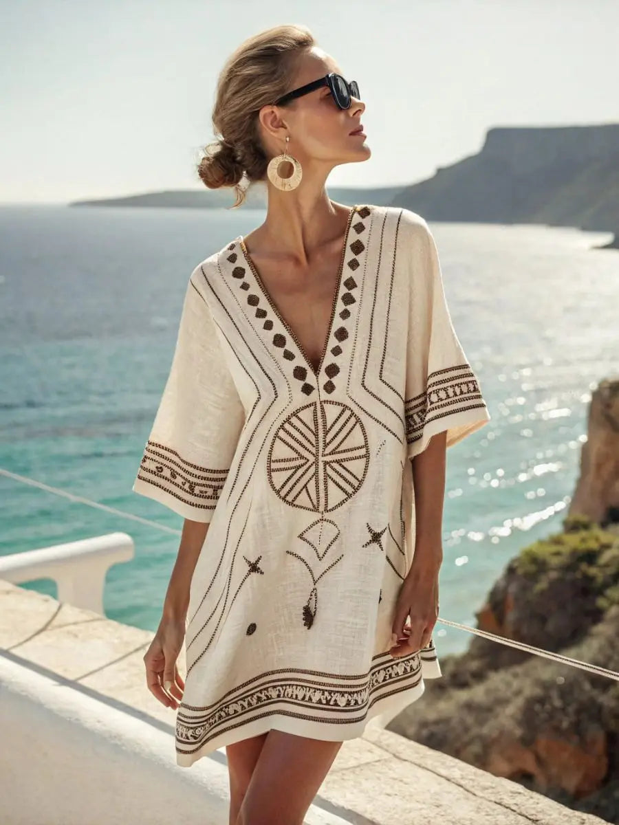 Casual Beach Dress — Aztec Accent, Loose Fit