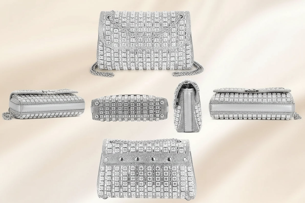 Artisan‑Crafted Leather Evening Clutch with Silver Rhinestones