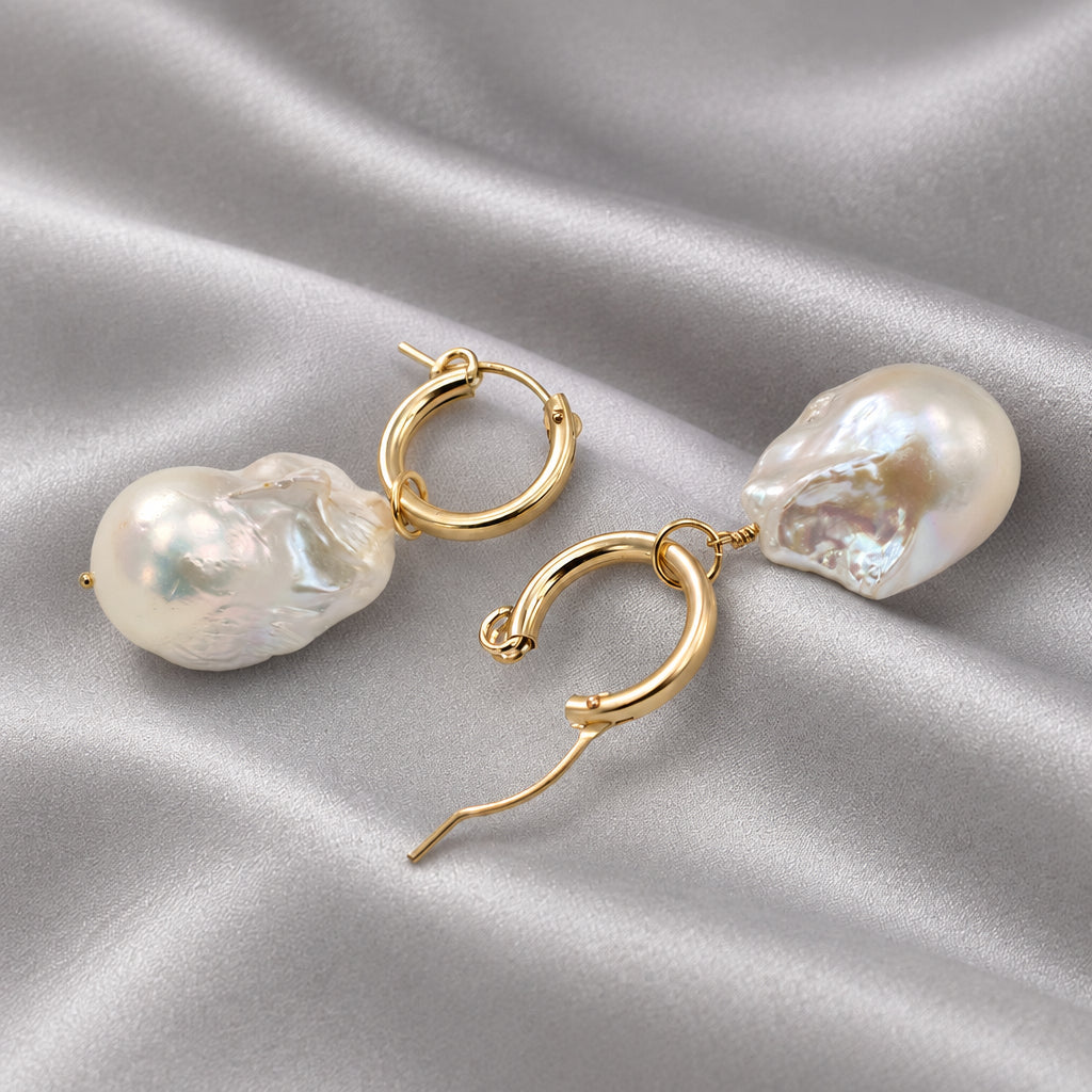 Baroque Pearl Earrings Set in 14k Gold Hoops