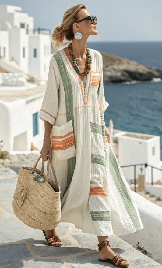 Signature Aztec Maxi Dress — Relaxed Fit, V‑Neck, Unique Prints