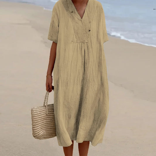Vintage V‑Neck Cotton‑Linen Dress — Lightweight Summer Style