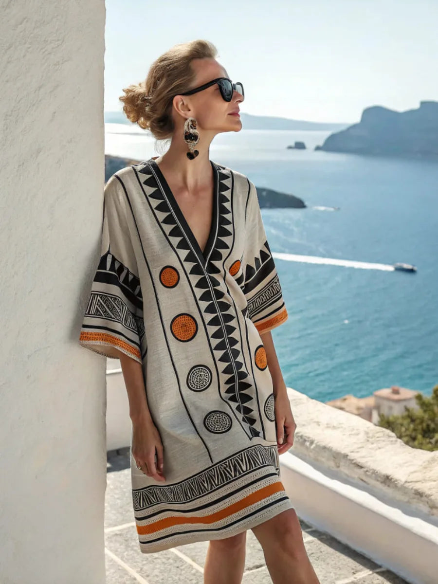 Casual Beach Dress — Aztec Accent, Loose Fit