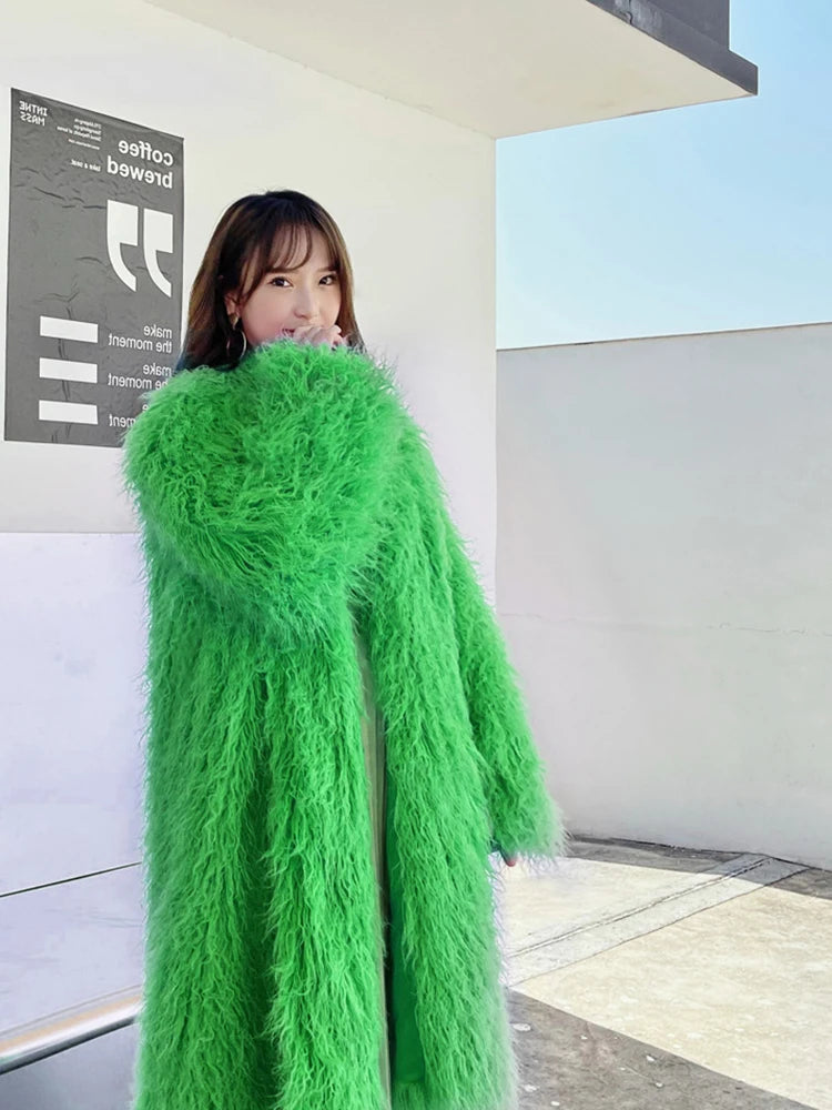 Long Faux Fur Dress Coat, Coat.  Wide Waisted in Vibrant Funky Colors