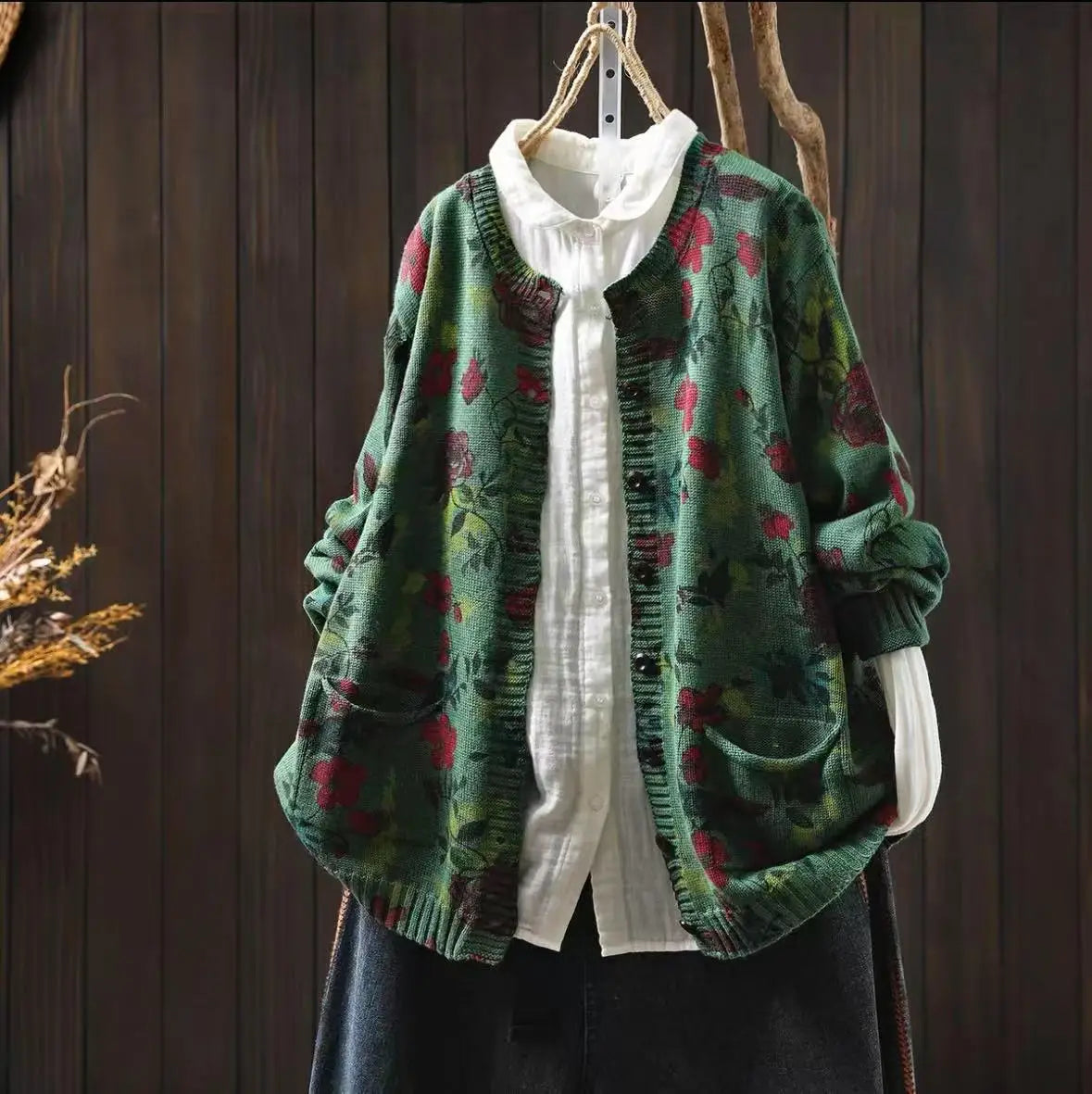 Knitted Floral Cardigan.  100% Cotton. Relaxed Fit. Perfect for layering.