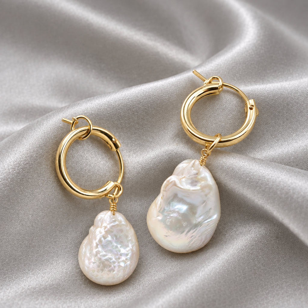 Baroque Pearl Earrings Set in 14k Gold Hoops