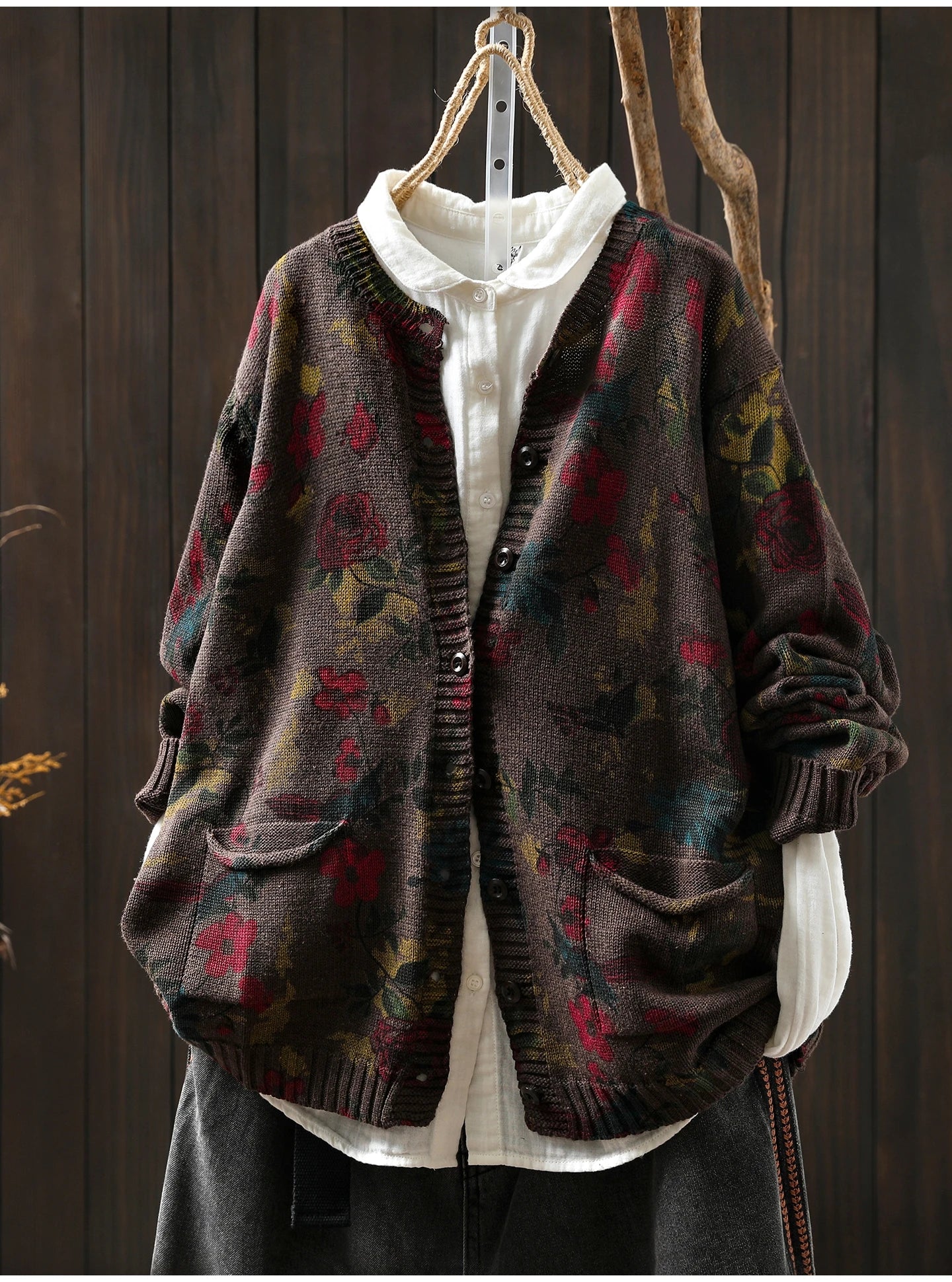 Knitted Floral Cardigan.  100% Cotton. Relaxed Fit. Perfect for layering.