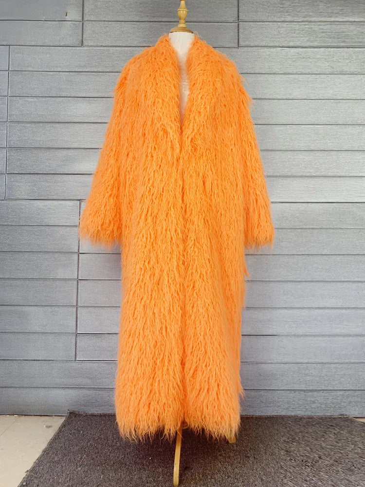 Long Faux Fur Dress Coat, Coat.  Wide Waisted in Vibrant Funky Colors