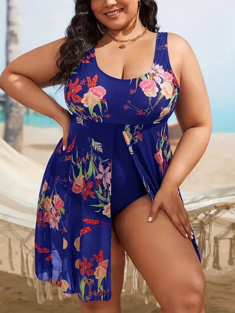 Chic Plus Size Patterned Swim Dress with Thick Straps & Round Neck