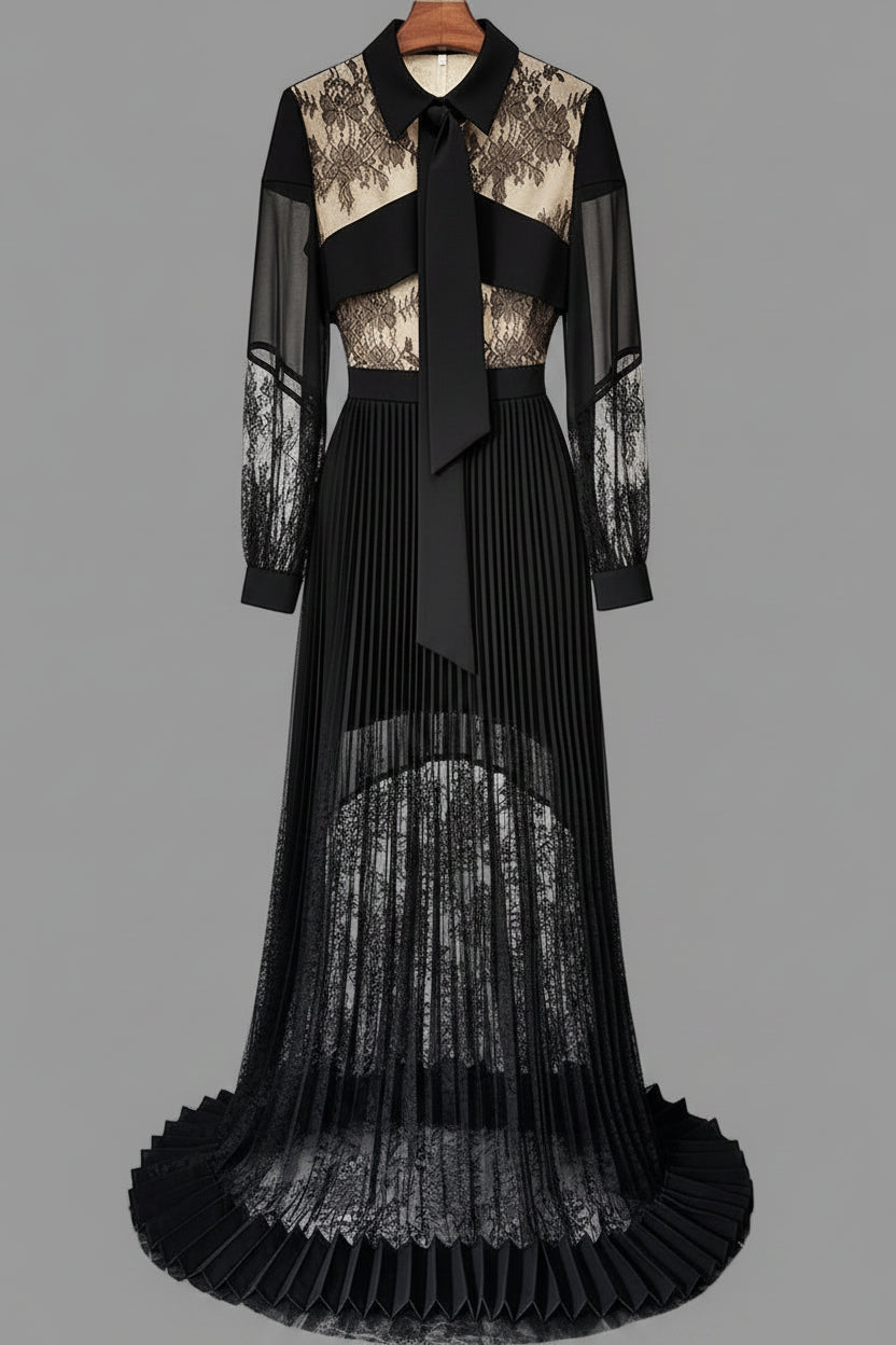 Pleated Lace Slim‑Fit Maxi Dress